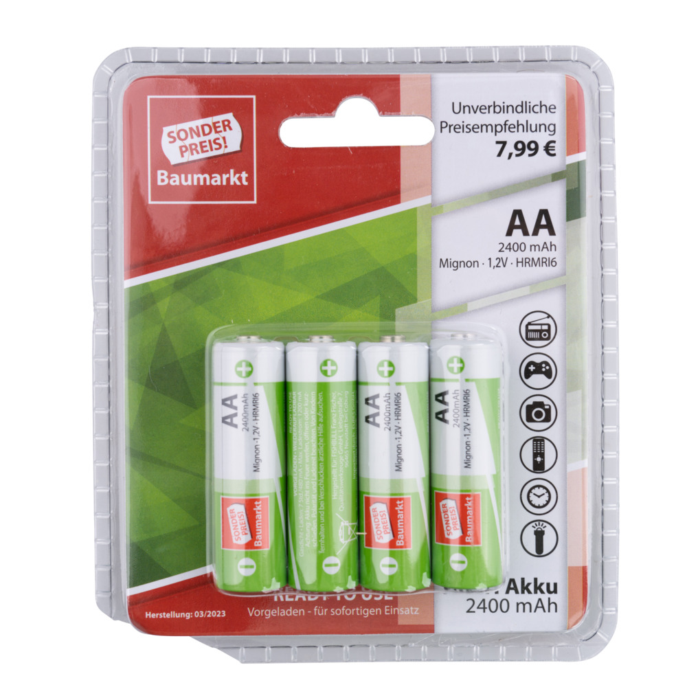 Akku Batterien AA 2400 mAh 4 St&uuml;ck leistungsf&auml;hig und wiederaufladbar