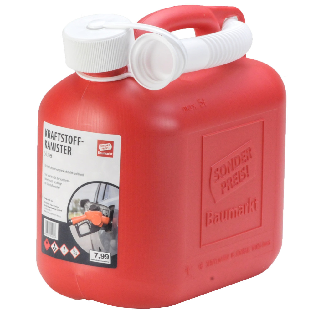 Reservekanister 5 Liter aus Kunststoff in rot mit Sicherheitsverschluss