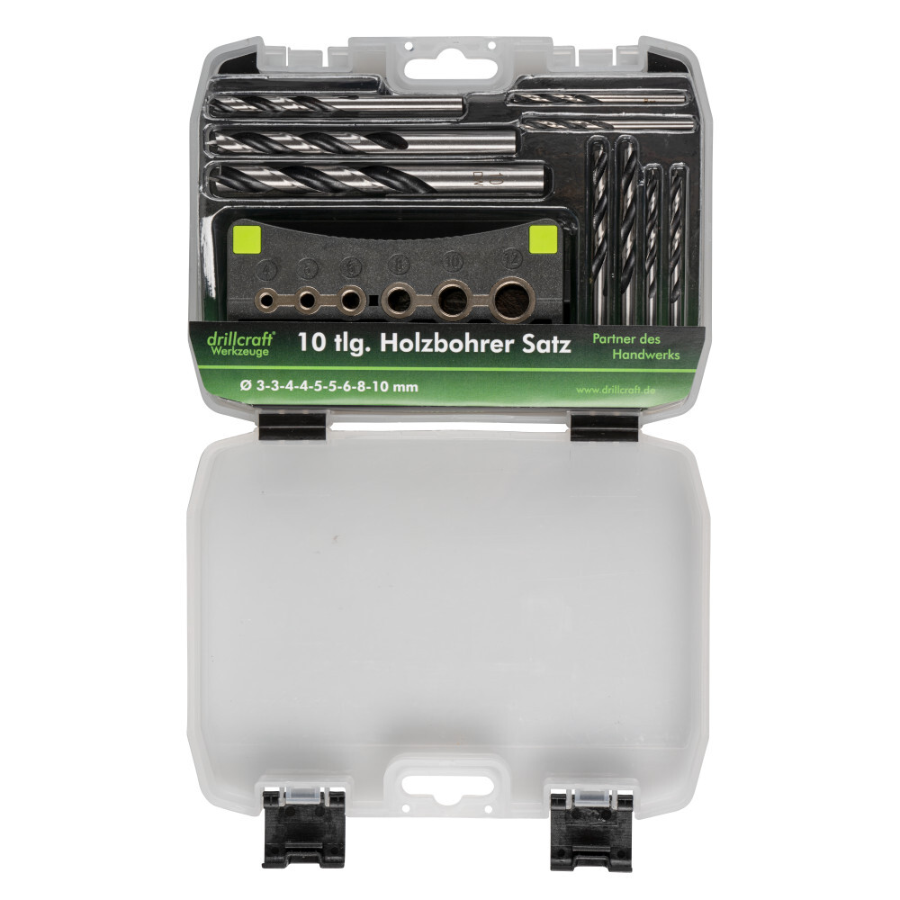 Holzbohrersatz 10-teilig, 2-10 mm, mit Bohrhilfe