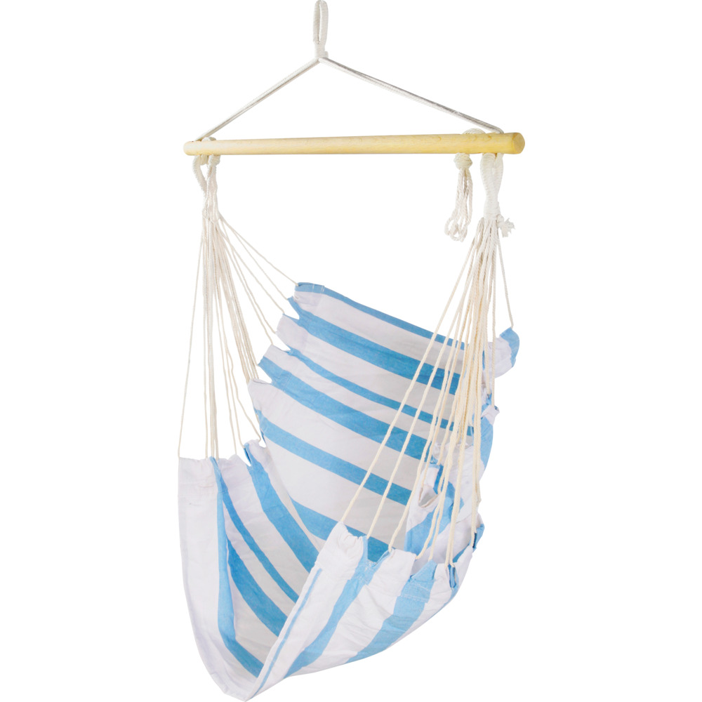 H&auml;ngesessel aus Polyester blau-wei&szlig; gestreift mit Holzstab