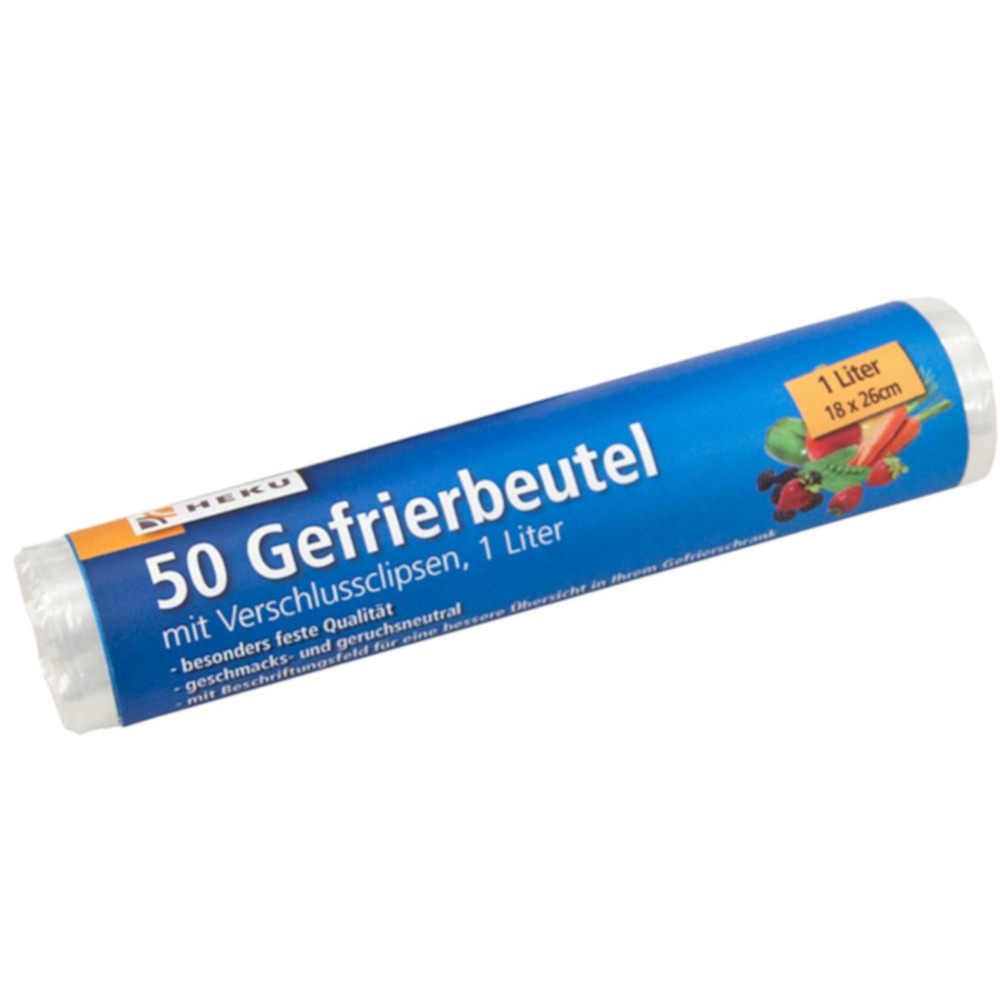 Gefrierbeutel mit Beschriftungsfeld und Verschlussclips