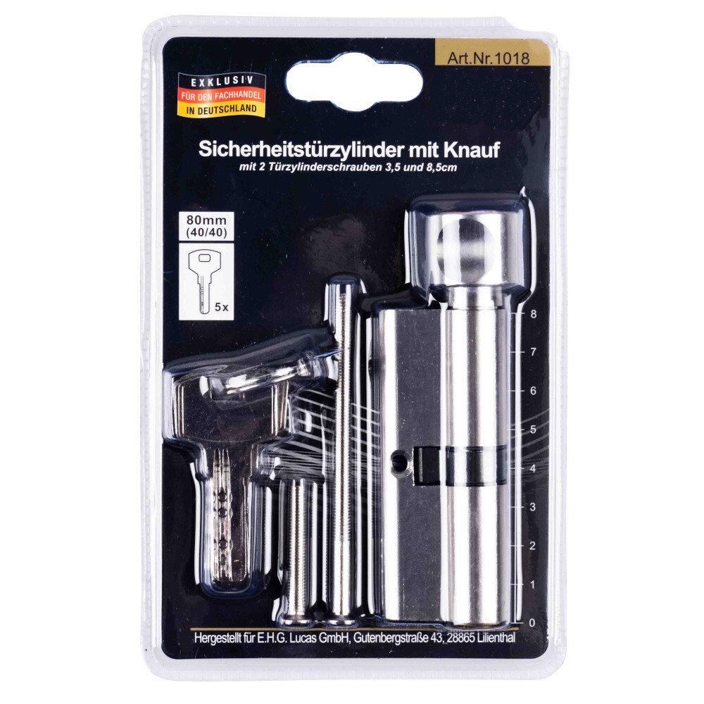 Sicherheitst&uuml;rzylinder 80 mm, 40/40 mit Knauf und 5 Schl&uuml;sseln