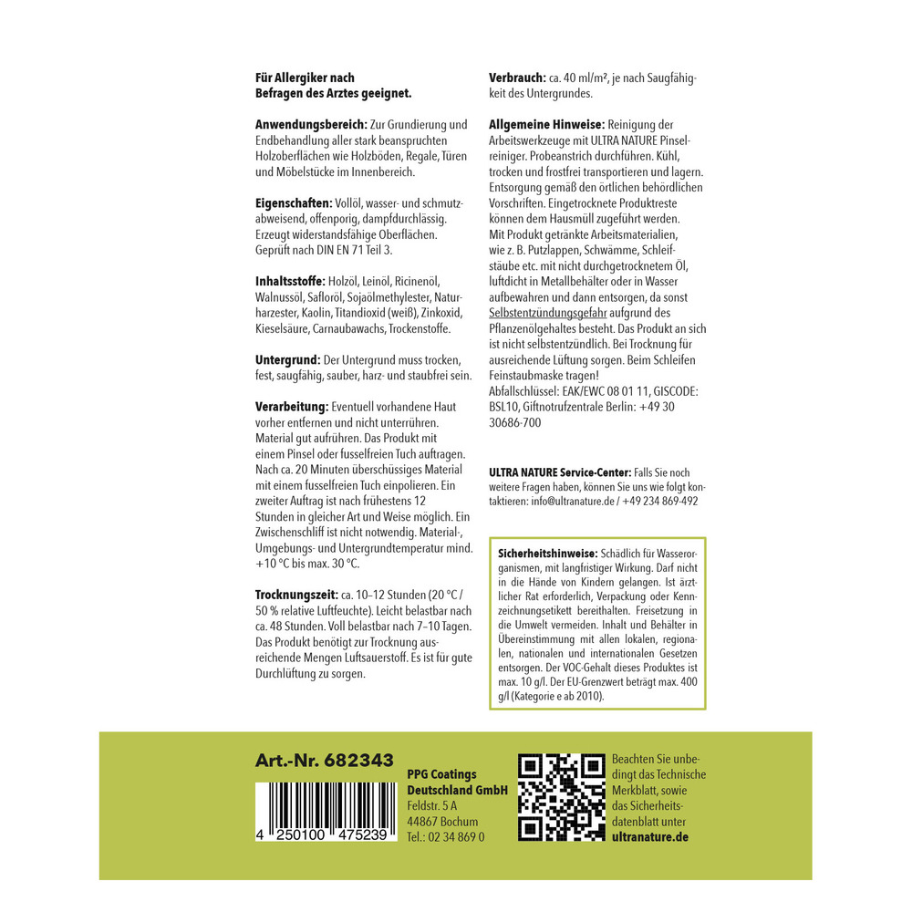 ULTRA NATURE Hartwachs&ouml;l farblos 250 ml image number 1