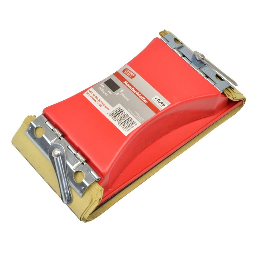 Handschleifer 160x85mm inklusive 10 Blatt Schleifpapier K100