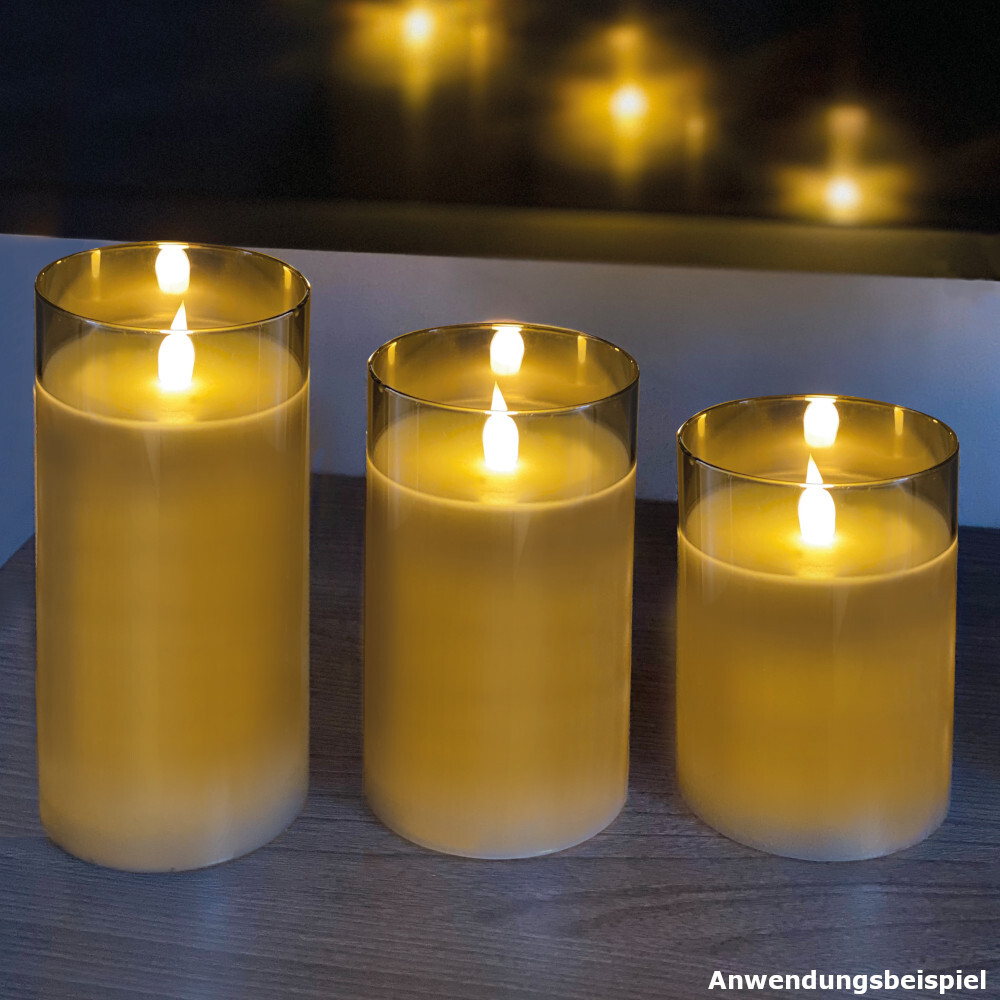 LED Echtwachskerzen Set 3-teilig im Glas warmwei&szlig; mit Flackereffekt