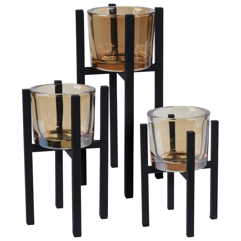 Windlicht-Set 3-teilig auf schwarzem Metallst&auml;nder mit Glaseinsatz